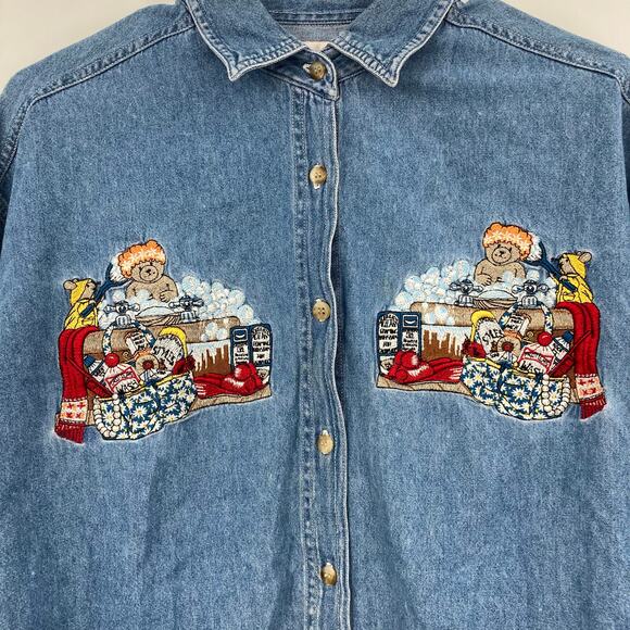 Vintage 90s Carolina Blue Embroidered Teddy Bear Bath Denim Button Up Womens Lg - Picture 3 of 8